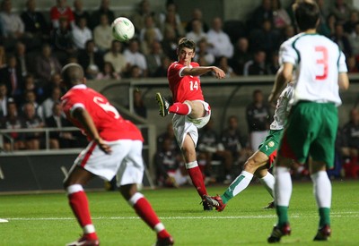 150806Wales v Bulgaria International Friendly, The Liberty Stadium, Swansea -  Wales' Richard Duffy fires shot at goal 