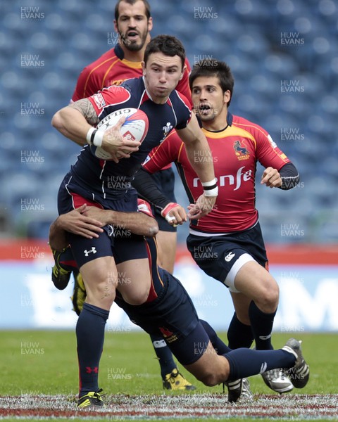 28.05.11Wales v Spain...IRB World Sevens Series Murrayfield... Wales' Kristian Phillips  tackled by Spain's Pablo Feijoo (hidden) 