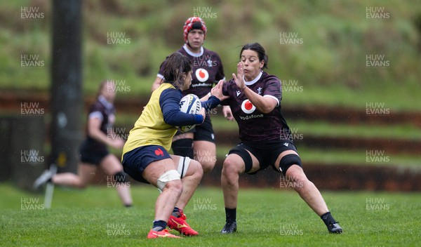 171023 - Wales Women and France Women combined training session - Sioned Harries tackles during a combined training session at Rugby League Park in Wellington against France Women ahead of their first matches in WXV1