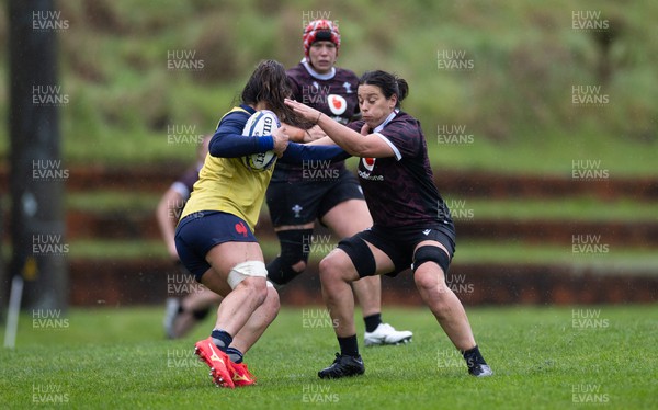 171023 - Wales Women and France Women combined training session - Sioned Harries tackles during a combined training session at Rugby League Park in Wellington against France Women ahead of their first matches in WXV1