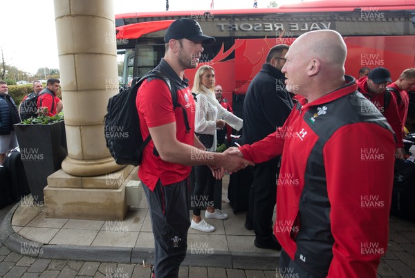 041119 - Alun Wyn Jones and Neil Jenkins shake hands as the Wales World Cup rugby squad arrive back at the Vale Hotel from Japan