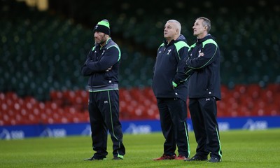 071114 - Wales Captains Run, Cardiff -Coaches, left to right, Robin McBryde, Warren Gatland, and Rob Howley during the Captains Run at the Millennium Stadium ahead of the game against Australia