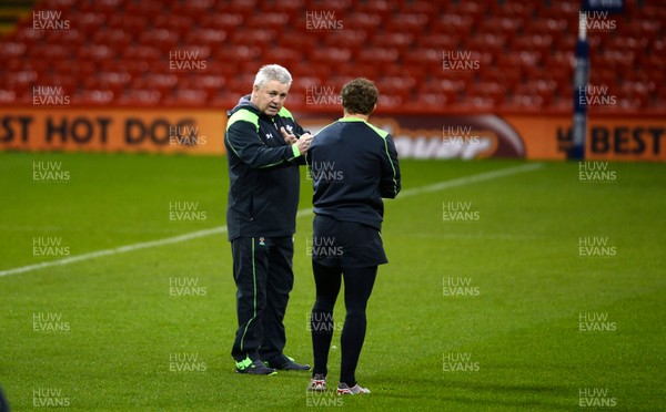 130315 - Wales Rugby Training -Warren Gatland talks to Leigh Halfpenny during training