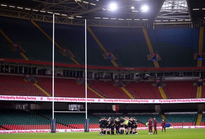 200226 - Wales Captain’s run - The Wales team huddle up during Captain’s run ahead of their Six Nations match against Scotland