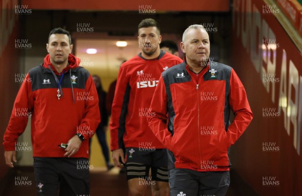 291119 - Wales Captains Run, Principality Stadium -  Wales attack coach Stephen Jones, left, captain Justin Tipuric and head coach Wayne Pivac make their way to the pitch during Captains Run ahead of their match against the Barbarians