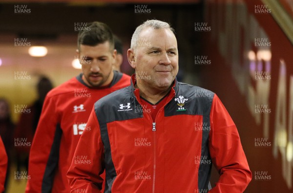 291119 - Wales Captains Run, Principality Stadium -  Wales head coach Wayne Pivac ahead of captain Justin Tipuric make their way to the pitch during Captains Run ahead of their match against the Barbarians