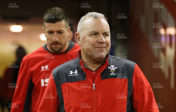 291119 - Wales Captains Run, Principality Stadium -  Wales head coach Wayne Pivac ahead of captain Justin Tipuric make their way to the pitch during Captains Run ahead of their match against the Barbarians