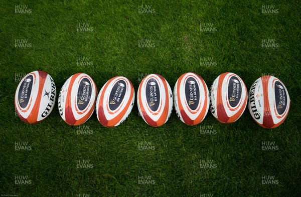 310120 - Wales Captain's Run, Principality Stadium - Wales Guinness Six Nations rugby balls lined up before training ahead of the opening Guinness Six Nations match against Italy