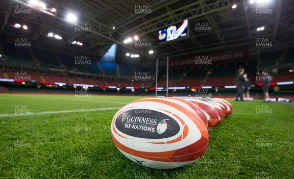 310120 - Wales Captain's Run, Principality Stadium - Wales Guinness Six Nations rugby balls lined up before training ahead of the opening Guinness Six Nations match against Italy