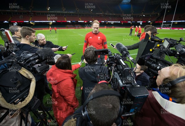 310120 - Wales Captain's Run, Principality Stadium - Wales' Alun Wyn Jones talks to the media  before training ahead of the opening Guinness Six Nations match against Italy