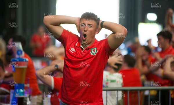 160621 - Wales Fanzone at Vale Sports, Cardiff - A Wales fan reacts as Gareth Bale misses an early chance during the Turkey v Wales Euro 2020 match