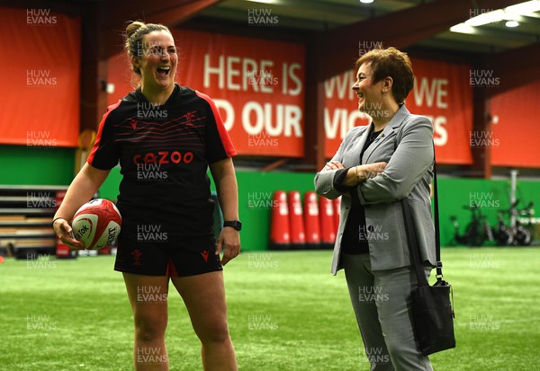 210322 - Wales First Minister Mark Drakeford Visits Wales Women Rugby Squad - Siwan Lillicrap with Dawn Bowden MS