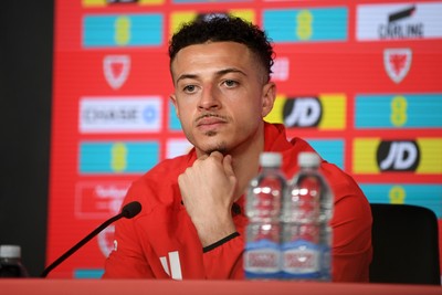 230326 - Wales Football Media Interviews - Ethan Ampadu of Wales speaks to the press ahead of the upcoming World Cup play off match against Bosnia-Herzegovina