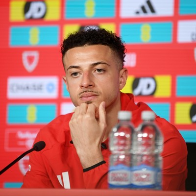 230326 - Wales Football Media Interviews - Ethan Ampadu of Wales speaks to the press ahead of the upcoming World Cup play off match against Bosnia-Herzegovina