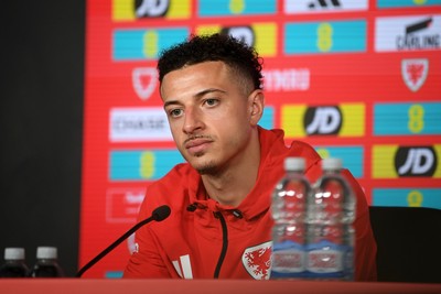 230326 - Wales Football Media Interviews - Ethan Ampadu of Wales speaks to the press ahead of the upcoming World Cup play off match against Bosnia-Herzegovina