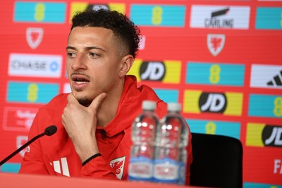 230326 - Wales Football Media Interviews - Ethan Ampadu of Wales speaks to the press ahead of the upcoming World Cup play off match against Bosnia-Herzegovina