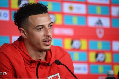 230326 - Wales Football Media Interviews - Ethan Ampadu of Wales speaks to the press ahead of the upcoming World Cup play off match against Bosnia-Herzegovina