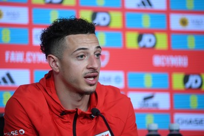 230326 - Wales Football Media Interviews - Ethan Ampadu of Wales speaks to the press ahead of the upcoming World Cup play off match against Bosnia-Herzegovina