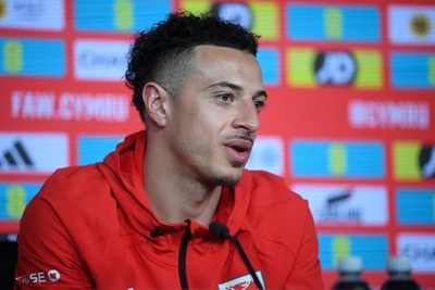 230326 - Wales Football Media Interviews - Ethan Ampadu of Wales speaks to the press ahead of the upcoming World Cup play off match against Bosnia-Herzegovina