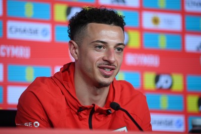 230326 - Wales Football Media Interviews - Ethan Ampadu of Wales speaks to the press ahead of the upcoming World Cup play off match against Bosnia-Herzegovina