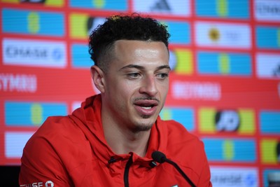 230326 - Wales Football Media Interviews - Ethan Ampadu of Wales speaks to the press ahead of the upcoming World Cup play off match against Bosnia-Herzegovina