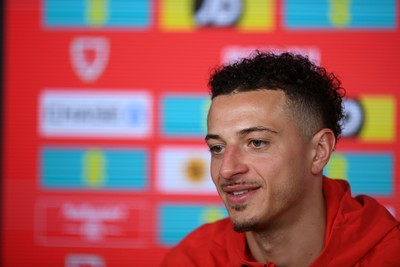230326 - Wales Football Media Interviews - Ethan Ampadu of Wales speaks to the press ahead of the upcoming World Cup play off match against Bosnia-Herzegovina