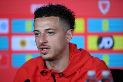 230326 - Wales Football Media Interviews - Ethan Ampadu of Wales speaks to the press ahead of the upcoming World Cup play off match against Bosnia-Herzegovina