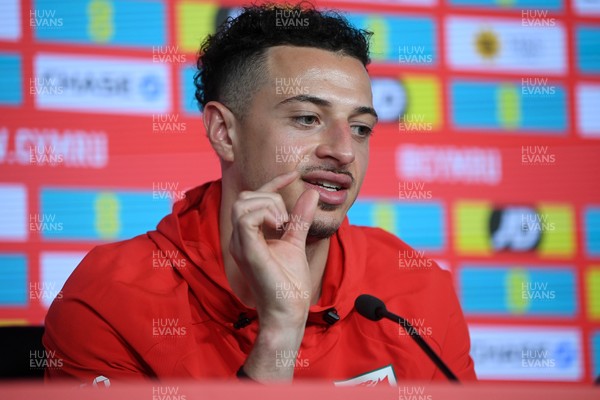 230326 - Wales Football Media Interviews - Ethan Ampadu of Wales speaks to the press ahead of the upcoming World Cup play off match against Bosnia-Herzegovina