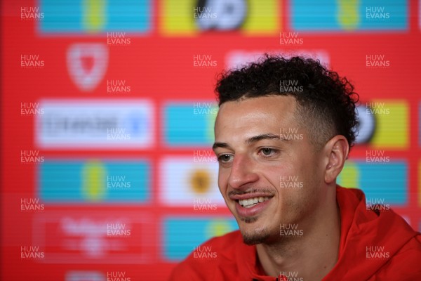 230326 - Wales Football Media Interviews - Ethan Ampadu of Wales speaks to the press ahead of the upcoming World Cup play off match against Bosnia-Herzegovina