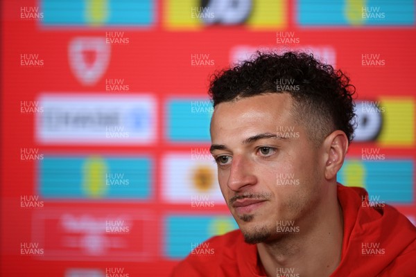 230326 - Wales Football Media Interviews - Ethan Ampadu of Wales speaks to the press ahead of the upcoming World Cup play off match against Bosnia-Herzegovina