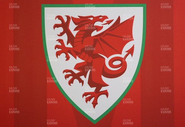190522 - Wales Football Squad Announcement - The FA of Wales logo at a press conference to announce a 27-player squad for the forthcoming June international matches, including the FIFA World Cup play-off final against either Scotland or Ukraine
