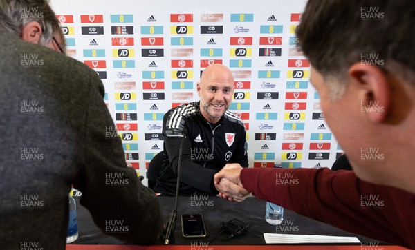 190522 - Wales Football Squad Announcement - Wales manager Rob Page greets journalists at a press conference to announce a 27-player squad for the forthcoming June international matches, including the FIFA World Cup play-off final against either Scotland or Ukraine