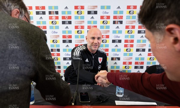 190522 - Wales Football Squad Announcement - Wales manager Rob Page greets journalists at a press conference to announce a 27-player squad for the forthcoming June international matches, including the FIFA World Cup play-off final against either Scotland or Ukraine