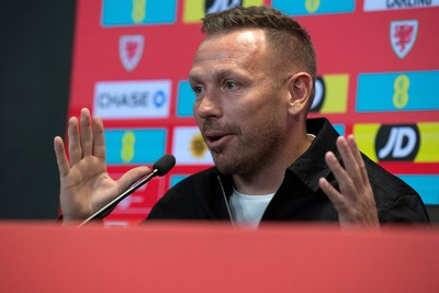 280825 - Wales Manager, Craig Bellamy speaks in a Press Conference at the FAW HQ in Cardiff to announce his squad for the upcoming World Cup qualifier against Kazakhstan 