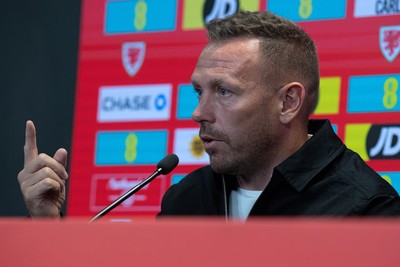 280825 - Wales Manager, Craig Bellamy speaks in a Press Conference at the FAW HQ in Cardiff to announce his squad for the upcoming World Cup qualifier against Kazakhstan 
