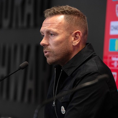 280825 - Wales Manager, Craig Bellamy speaks in a Press Conference at the FAW HQ in Cardiff to announce his squad for the upcoming World Cup qualifier against Kazakhstan 