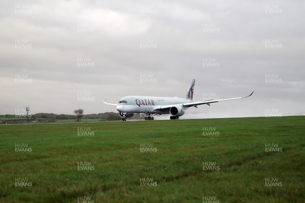151122 - Wales Football Squad Departs For Qatar From Cardiff Airport - Plane carrying the Welsh squad on the runway