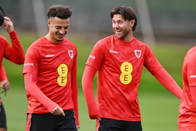 031026 - Wales Football Training - Ethan Ampadu and Wes Burns during training ahead of their upcoming Nations League match against Denmark