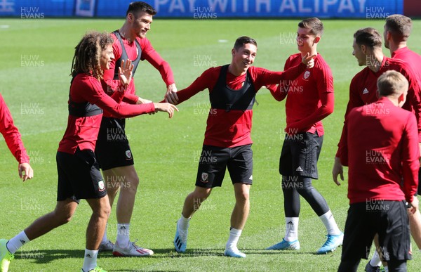 050919 - Wales football training session, Cardiff City Stadium - Wales' players enjoy the competition in warm up during Wales training session ahead of their Euro Qualifying match against Azerbaijan 