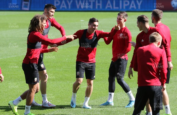 050919 - Wales football training session, Cardiff City Stadium - Wales' players enjoy the competition in warm up during Wales training session ahead of their Euro Qualifying match against Azerbaijan 