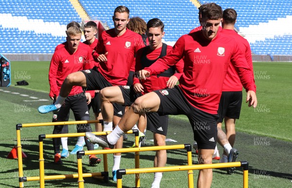 050919 - Wales football training session, Cardiff City Stadium - Wales' players in warm up during Wales training session ahead of their Euro Qualifying match against Azerbaijan 