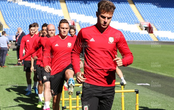 050919 - Wales football training session, Cardiff City Stadium - Wales' Joe Rodon in warm up during Wales training session ahead of their Euro Qualifying match against Azerbaijan 