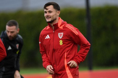 081025 - Wales Football Training - Liam Cullen of Wales during training ahead of tomorrows friendly match with England