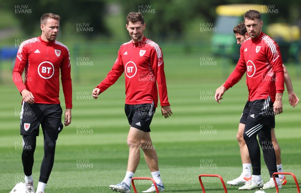 100622 - Wales Football Training - Chris Gunter, Ben Davies and Aaron Ramsey of Wales during training session ahead of the UEFA Nations League match against Belgium