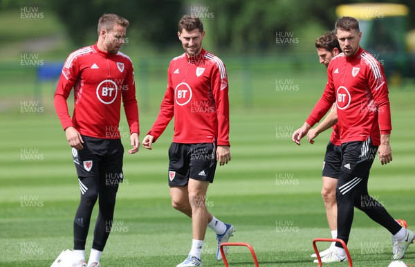 100622 - Wales Football Training - Chris Gunter, Ben Davies and Aaron Ramsey of Wales during training session ahead of the UEFA Nations League match against Belgium