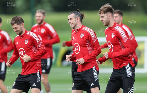 100622 - Wales Football Training -  Ben Davies, Gareth Bale and Joe Rodon of Wales during training session ahead of the UEFA Nations League match against Belgium