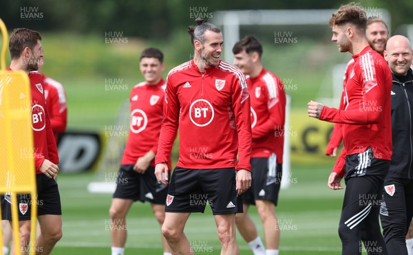 100622 - Wales Football Training -  Ben Davies, Gareth Bale and Joe Rodon of Wales during training session ahead of the UEFA Nations League match against Belgium
