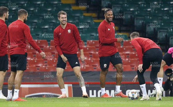 101018 - Wales Football Training - Aaron Ramsey and Ashley Williams laugh during training