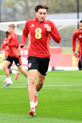 121025 - Wales Football Training - Joel Colwill of Wales during a training session ahead of tomorrows World Cup qualifier match against Belgium