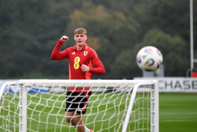 121025 - Wales Football Training - Dylan Lawlor of Wales during a training session ahead of tomorrows World Cup qualifier match against Belgium
